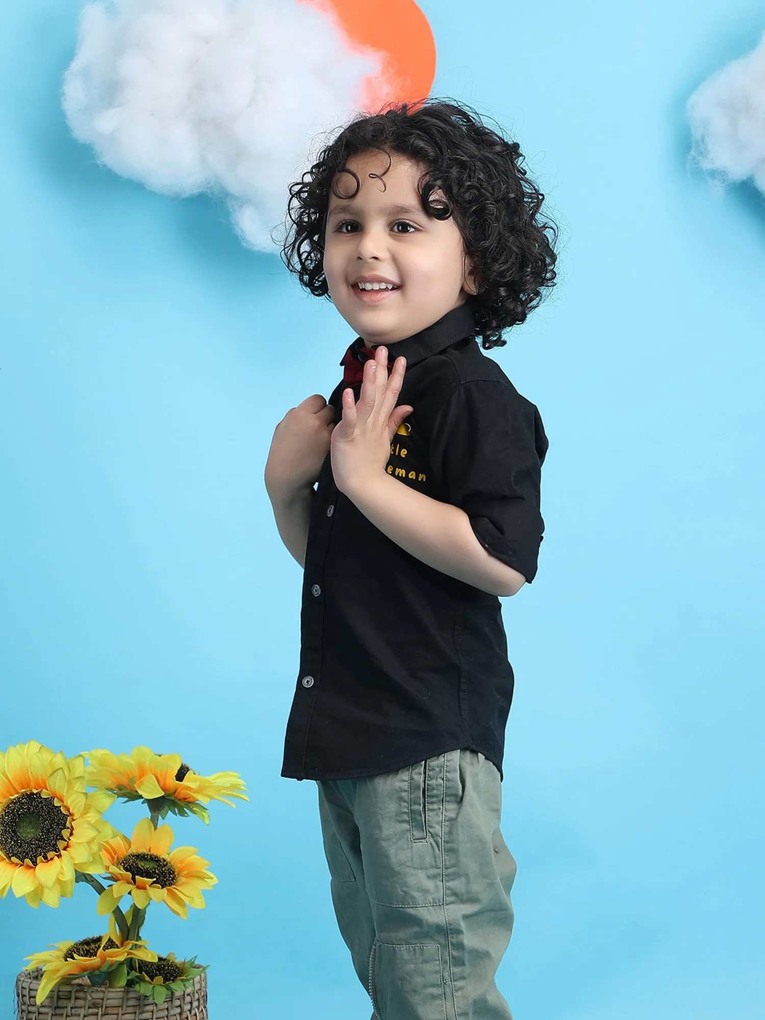 Polka Tots Full Sleeve Shirt Little Gentleman print with Red Bow - Black