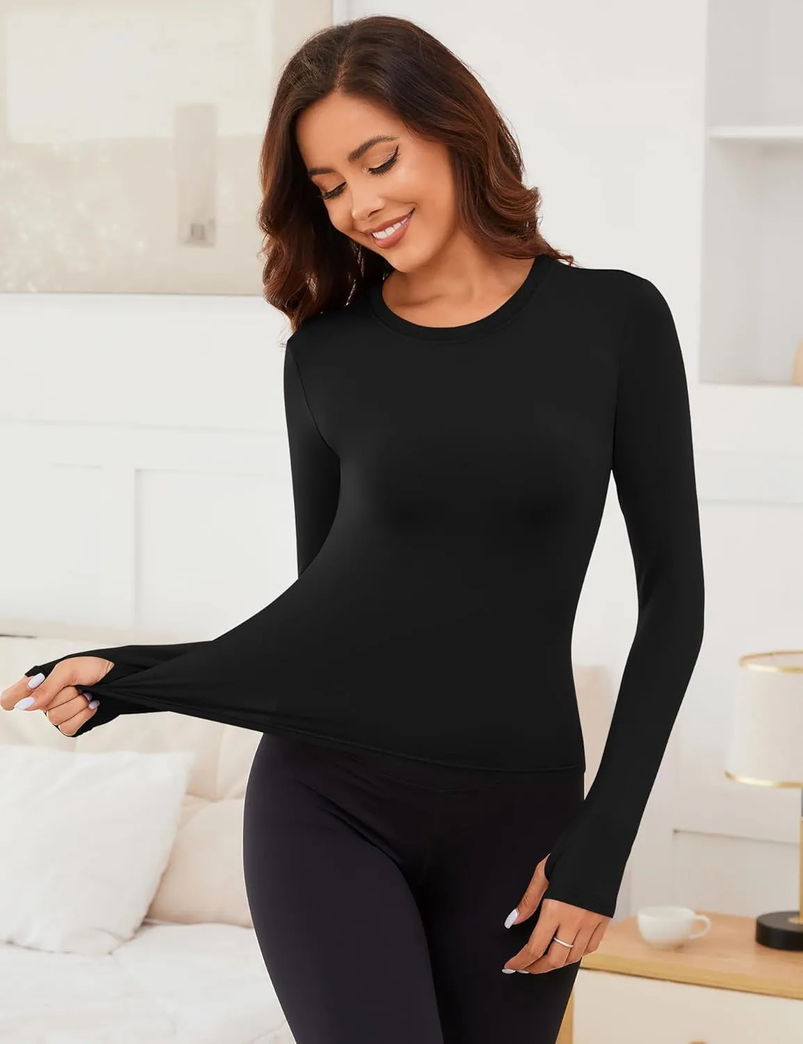 Rapbin Thermal Shirts for Women Long Sleeve Tops Ladies Fleece Undershirt for Winter Cold Weather with Thumb Holes XS-L