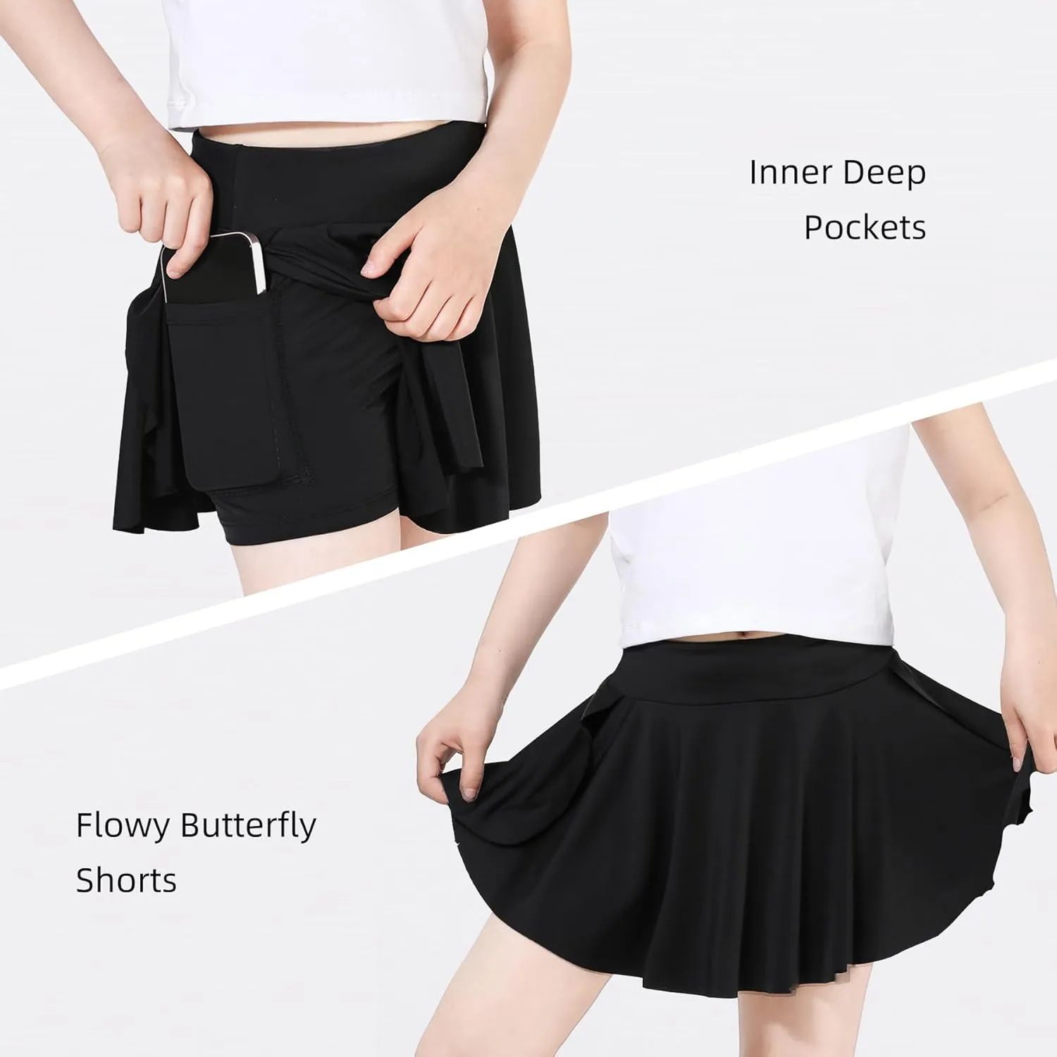 Skort Girls, Athletic Skirts for Tennis Golf, Butterfly Flowy Shorts for Kids, Shorts with Pocket