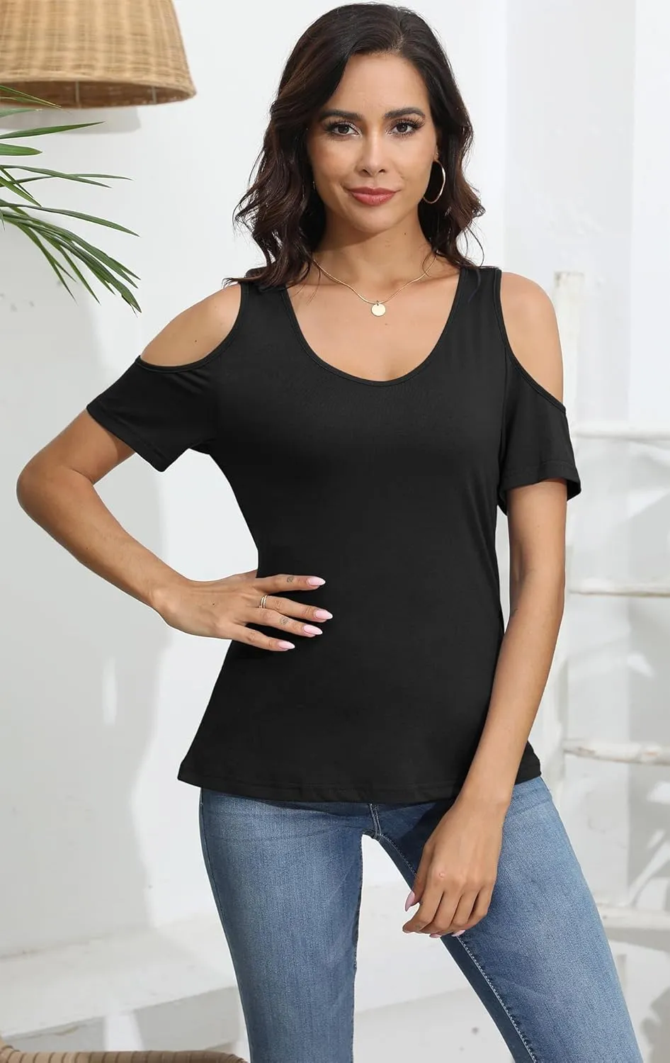 Soesdemo Women Summer Tops Scoop Neck Cold Shoulder Short Sleeve 2024 Loose Fit Basic Tee Shirts