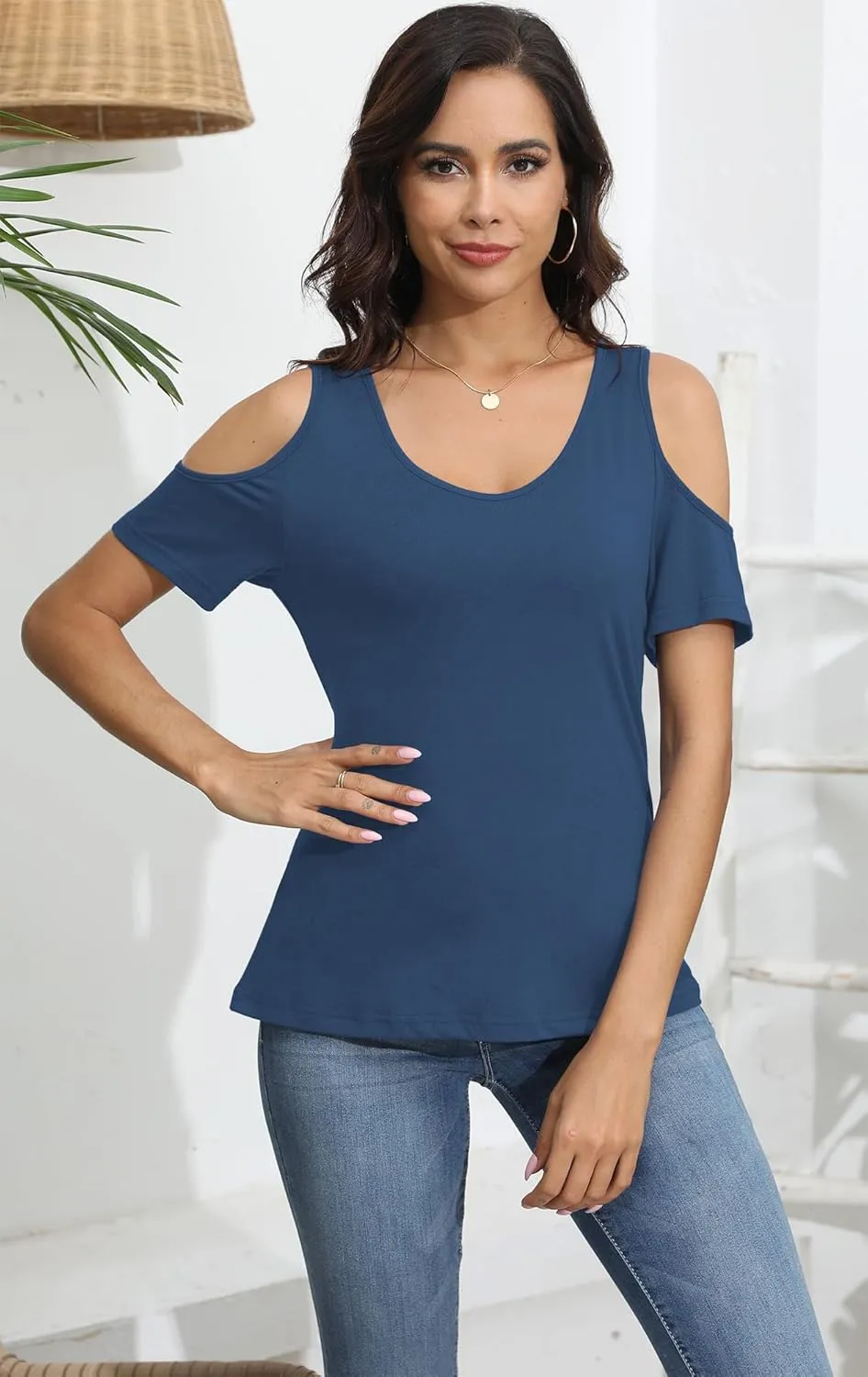 Soesdemo Women Summer Tops Scoop Neck Cold Shoulder Short Sleeve 2024 Loose Fit Basic Tee Shirts