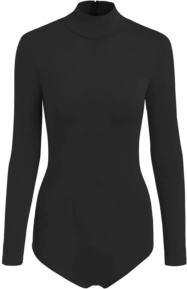 SUPRNOWA Turtleneck Leotard Long Sleeves Spandex Dance Workout Fitness Bodysuit for Women