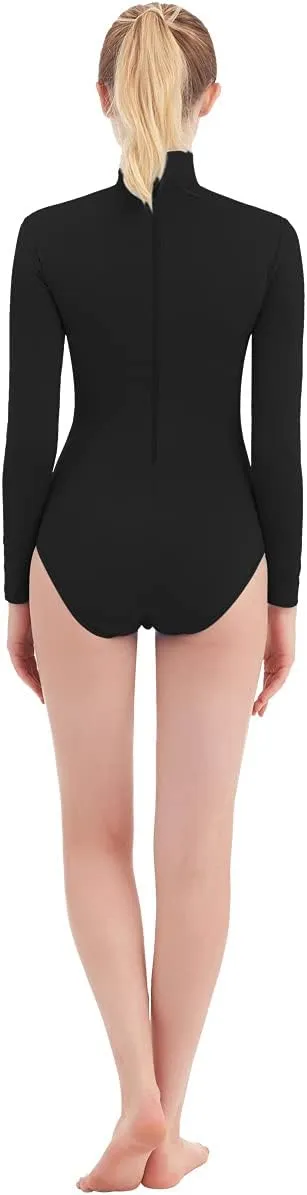 SUPRNOWA Turtleneck Leotard Long Sleeves Spandex Dance Workout Fitness Bodysuit for Women