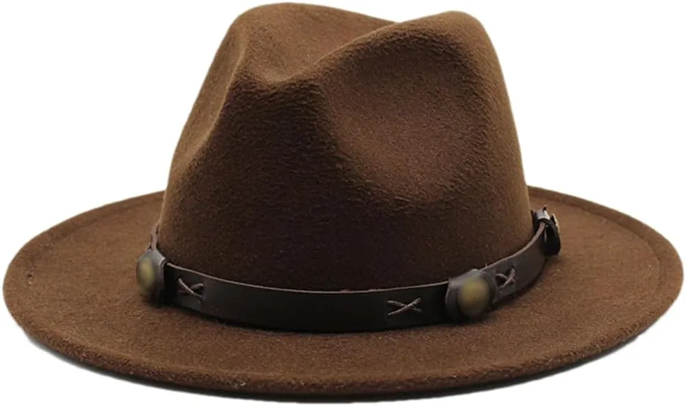 Women Fedoras Woolen Hat Classic Jazz Hat Flat Brim Hat Couple Hat Outdoor Travel 2 Without Chain