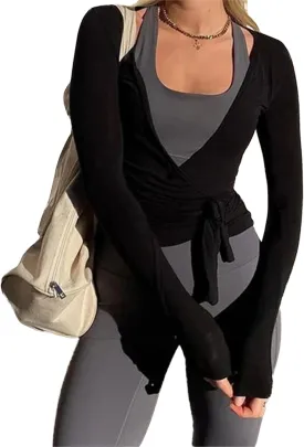 Women Wrap Tie Top Y2k Long Sleeve Ballet Workout Yoga Shirt Coquette Blouses