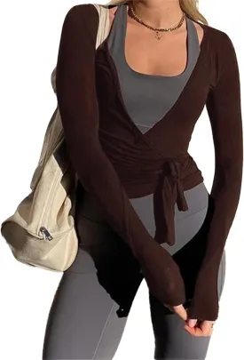 Women Wrap Tie Top Y2k Long Sleeve Ballet Workout Yoga Shirt Coquette Blouses