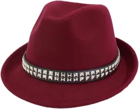Women's Roll Short Brim Fedora Hats Unisex Solid Rivet Belt Cap Formal Party Jazz Cap Sombreros Wine Red 56to58cm