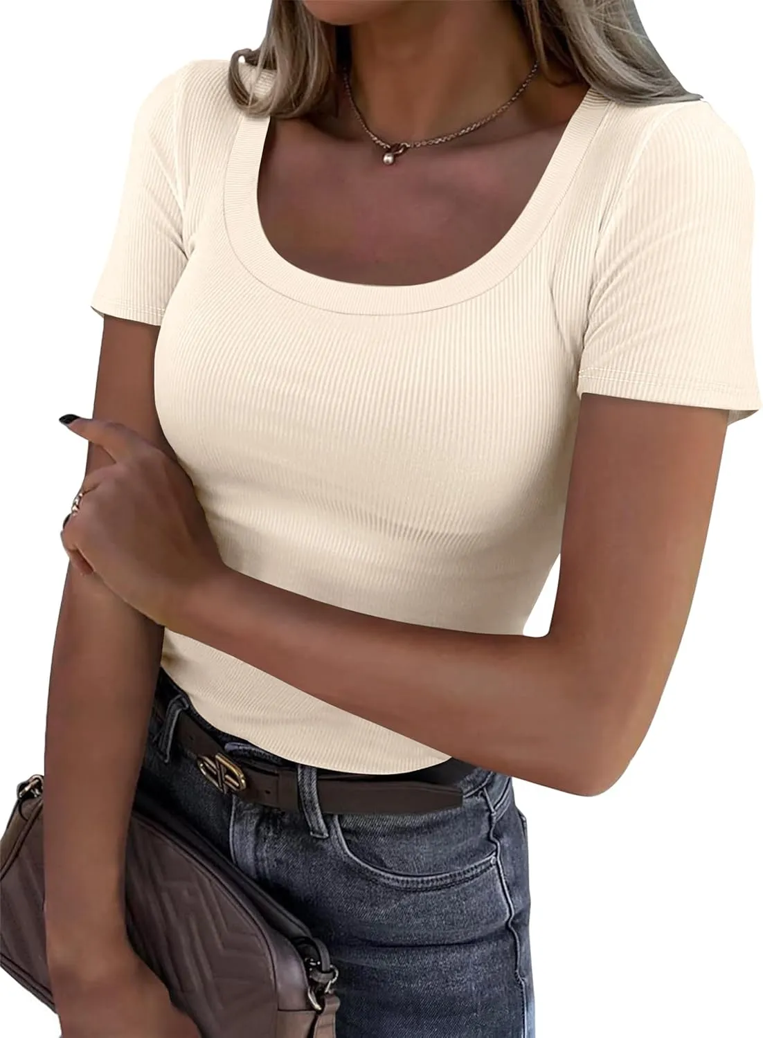 Womens Short Sleeve Tops Scoop Neck Ribbed Slim Fitted Basic Tee Shirts Cute Summer Tops 2025 Trendy Outfits