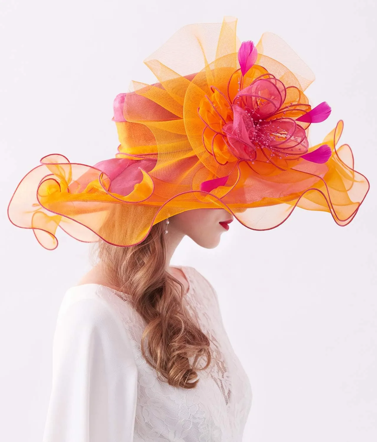 Z&X Women's Kentucky Derby Church Hat Organza Fascinator Wedding Tea Party Hat Wide Brim Sun Caps