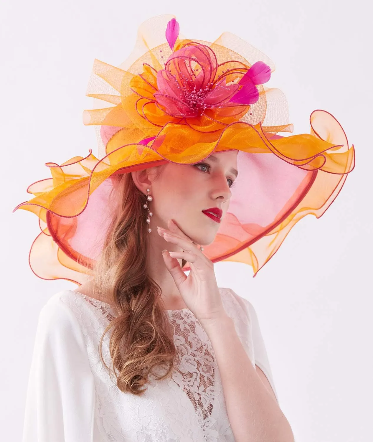 Z&X Women's Kentucky Derby Church Hat Organza Fascinator Wedding Tea Party Hat Wide Brim Sun Caps
